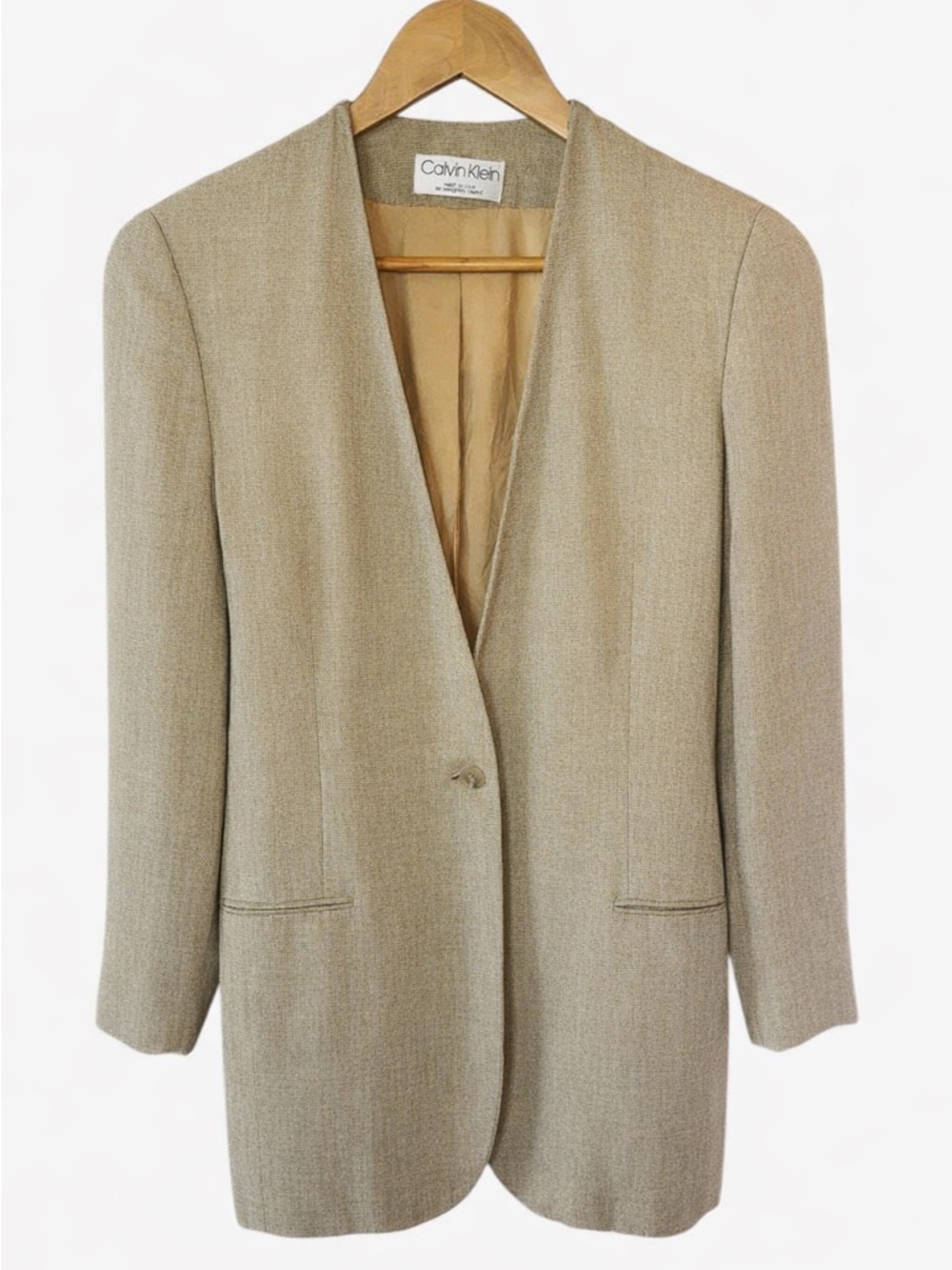 Calvin Klein VTG Linen Blend Mid Length Lightweight Classic Blazer Tan USA Sz 2 - Picture 2 of 10